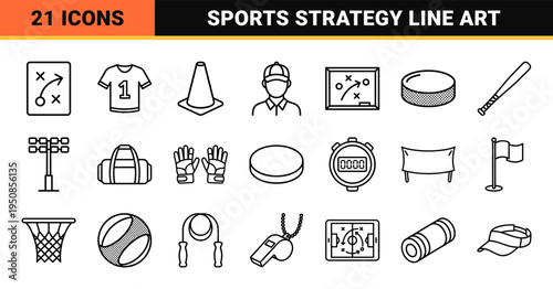 Professional Sports Management Monoline Icons for Athletic Coaching Strategy and Team Training Equipment in a Minimalist Technical Style
