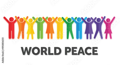 Vector illustration of diverse people celebrating World Peace with colorful arms raised