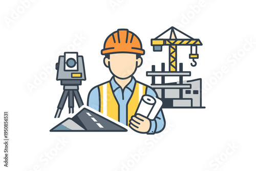 Professional Civil Engineer Icon for Construction and Infrastructure Projects with Architect in Hard Hat, Blueprints, Surveyor Equipment, Crane, and Road Development Vector Illustration