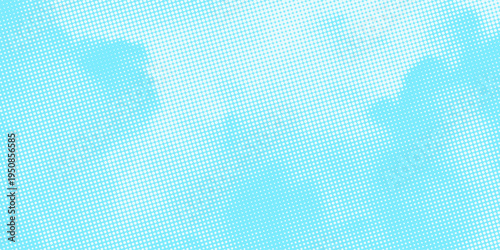 Dotted comic cloud background. White halftone clouds in blue sky. Pop art heaven wallpaper for banner, brochure, collage, poster, leaflet. Pixelated smoke, smog or fog texture. Vector illustration