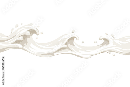Realistic milk wave splash with glossy droplets isolated on white background. Vector illustration of flowing cream or yogurt for dairy product packaging design, advertising, and food branding.