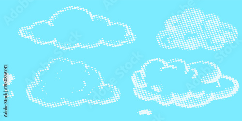 Dotted comic cloud background. White halftone clouds in blue sky. Pop art heaven wallpaper for banner, brochure, collage, poster, leaflet. Pixelated smoke, smog or fog texture. Vector illustration