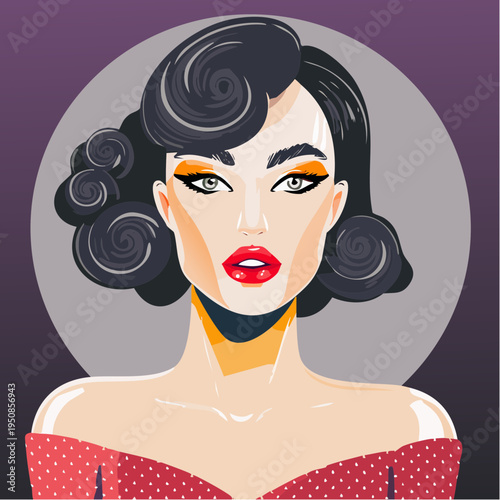 a retro‑glam portrait framed in bold graphic color, capturing couture nostalgia and the polished drama of modern fashion illustration