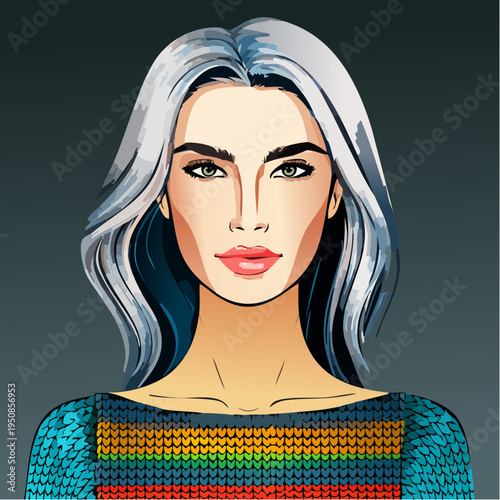 a cool‑toned portrait styled in vibrant knitwear, capturing runway poise and the elevated polish of modern fashion illustration