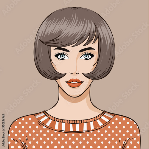 a polished bob‑cut portrait styled in refined graphic textures, capturing understated couture elegance and modern editorial poise