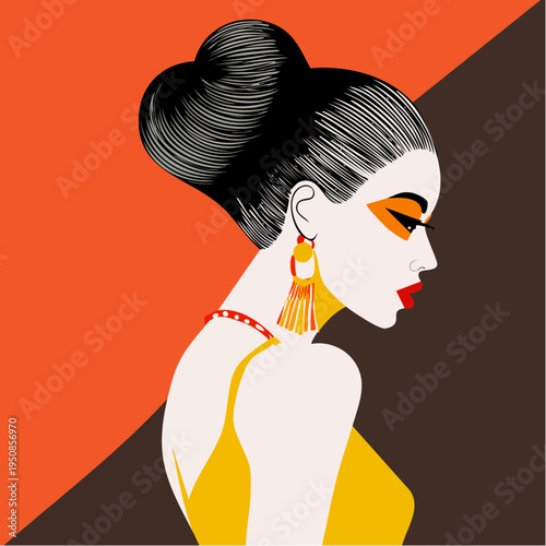 a bold profile portrait styled in vibrant couture accents, capturing runway poise and the striking confidence of modern fashion illustration