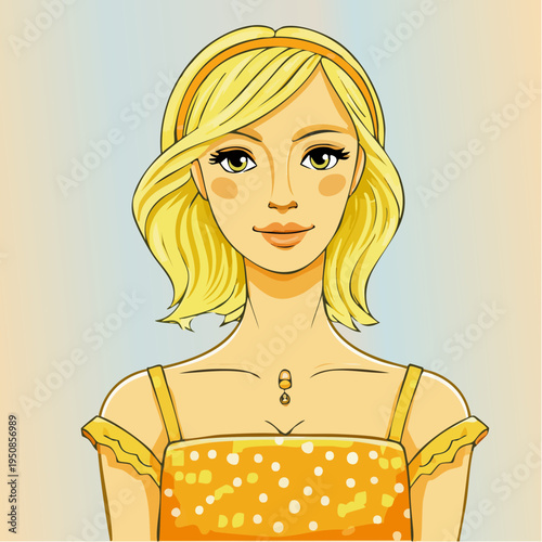 a luminous portrait in sunlit yellow tones, capturing refined modern femininity and the polished elegance of contemporary illustration