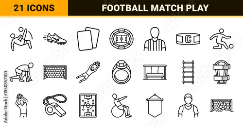 Soccer Athletics Monoline Outline Symbols Featuring Competitive Player Movements Equipment and Pitch Elements in Minimalist Technical Style