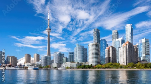 Scenic skyline of Toronto featuring CN Tower and modern architecture reflecting on calm waterfront under blue sky