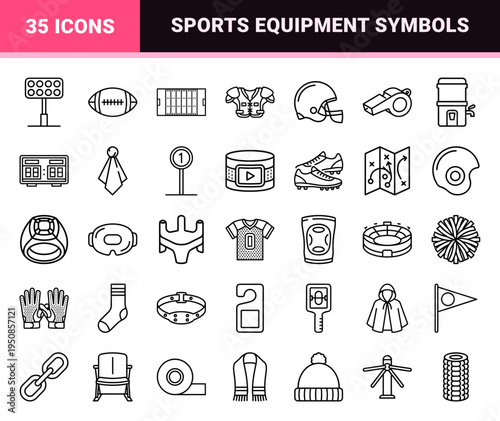 American Football Equipment Monoline Symbols for Sports Interface Design and Stadium Signage Systems