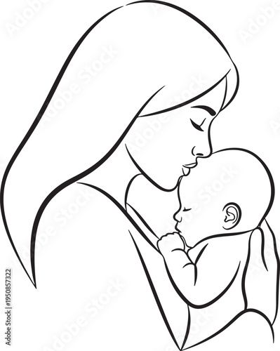 Vector illustration of a mother gently kissing her baby's head, a tender moment of maternal love and care.