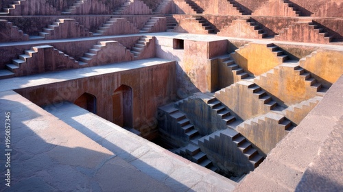 Ancient Stepwell Architecture with Geometric Patterns and Intricate Staircases in Warm Natural Light