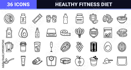 Fitness Nutrition and Supplement Monoline Symbols for Sports Dietetics. Minimalist Linear Graphics for Healthy Lifestyle and Bodybuilding Apps.