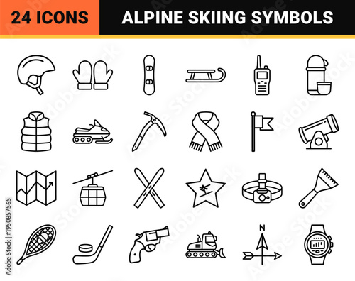 Winter Sports and Alpine Recreation Thin Line Symbols featuring Minimalist Monoline Aesthetic for Skiing Snowboarding and Mountain Tourism