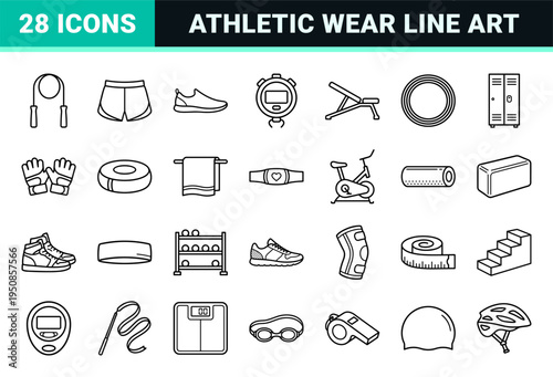 Women's Activewear and Fitness Gear Monoline Symbols featuring Technical Apparel and Gym Equipment in Sophisticated Minimalist Outline Style