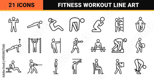 Physical Activity Monoline Human Poses Featuring Minimalist Exercise Symbols and Wellness Kinesis Line Art in a Technical Outline Aesthetic