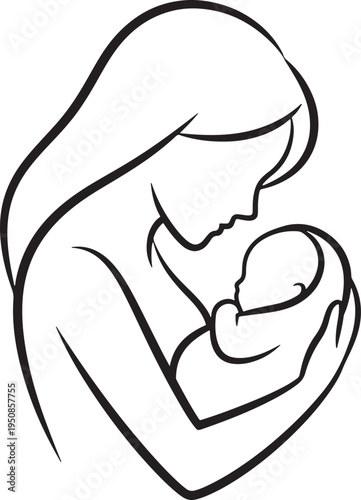 Elegant single line drawing of a mother holding her baby close, a timeless symbol of pure maternal love and connection.
