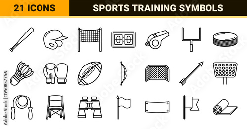 Competitive Sports and Athletic Training Equipment Monoline Outlines for Professional Tournament Branding and Fitness App Interface Design
