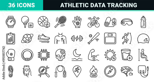 Smart Sports Technology and Biometric Fitness Tracking Linear Symbols, Technical Monoline Outline Icons for Athletic Performance Analytics