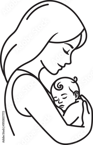 A beautiful line art illustration capturing a mother cradling her sleeping baby, representing maternal love and peaceful rest.