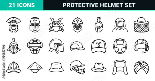 Occupational Safety Headwear and Protective Helmet Monoline Outline Symbols; Technical PPE and Historical Armor Minimalist Technical Line Art.