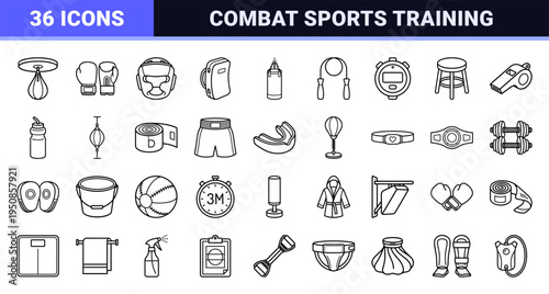 Combat Sports Training and Boxing Equipment Monoline Symbol Set featuring Speed Bags, Gloves, and Heavy Bags in Technical Line Art Style.