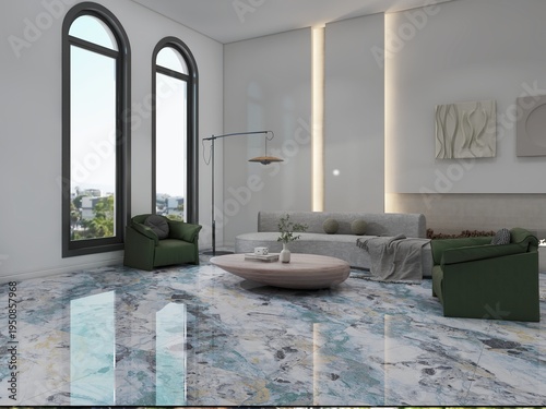 living room with luxurious marble flooring and tastefully arranged furniture, emphasizing modern design.