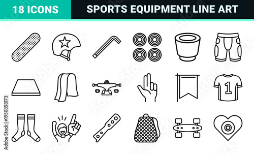 Roller Derby and Quad Skating Technical Monoline Outline Symbols. Professional Sports Equipment and Flat Track Competition Visual Assets.