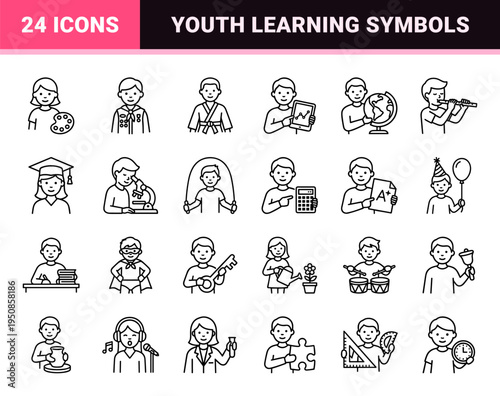 Childhood Development and Creative Education Monoline Symbols for School Curriculums and Extracurricular Hobby Branding