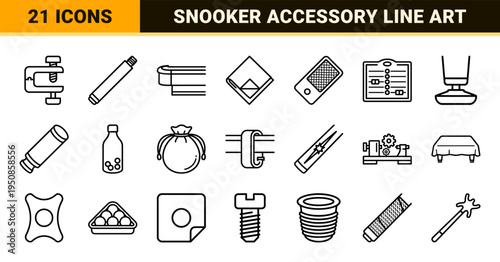 Billiards Equipment Monoline Symbols Technical Line Art for Pool Snooker Hall UI Design and Sports Club Branding Material
