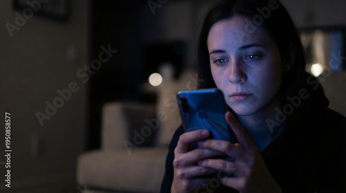 Sad young woman looking at smartphone in dark room for mental health concept