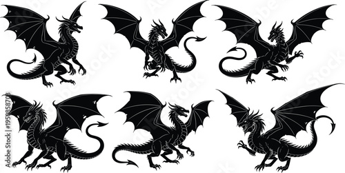 Set of six fierce black dragon silhouettes featuring spread wings, mythical fantasy monster vector collection isolated on white background for design.