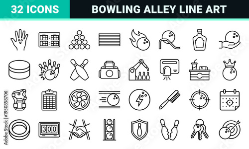 Ten Pin Bowling Sports Monoline Symbols for Tournament Scoring and Athletic Apparel Design Minimalist Vector Outline UI Elements