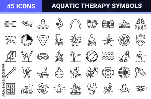 Hydrotherapy and Aquatic Fitness Monoline Symbols Featuring Water Aerobics Equipment and Physical Therapy Exercises in a Clean Linear Style