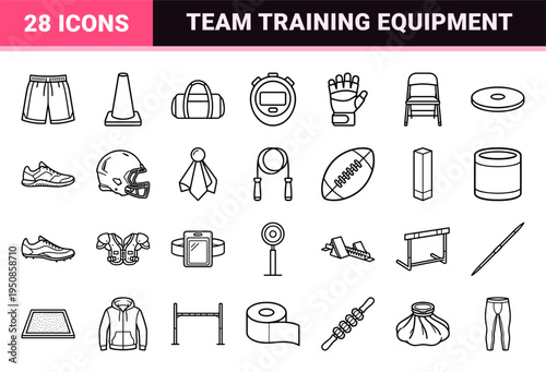 Athletic Team Sports and Performance Apparel Monoline Icons featuring Minimalist Technical Outlines for Competition and Training Equipment.