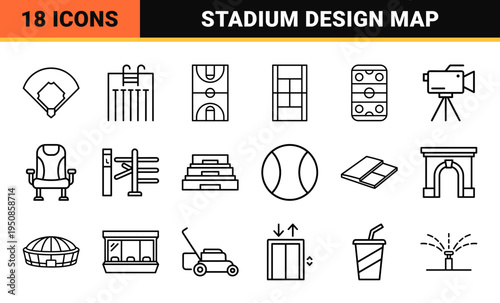 Stadium Architecture and Sports Arena Technical Monoline Symbols for Urban Infrastructure Planning and Professional Tournament Wayfinding