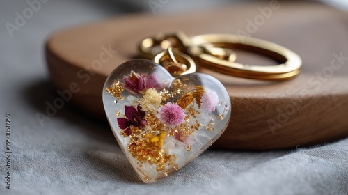 Elegant Heart-Shaped Keychain with Dried Flowers and Glitter in Resin on a Wooden Surface