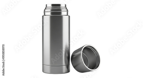 A silver metal thermos flask with its cap off on a black background