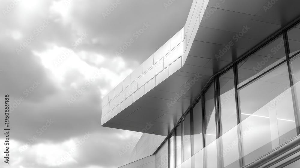 Fototapeta premium Modern Architectural Facade with Dramatic Cloudy Sky in Black and White Photograph