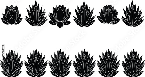 Set of Succulent Silhouette Icons, Agave and Aloe Plant Vector Illustrations, Desert Flora Graphic Elements for Minimalist Nature Branding and Landscaping Designs