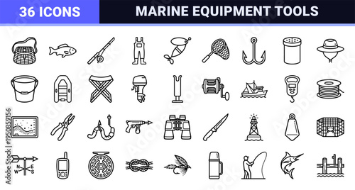 Professional Angling and Recreational Fishing Gear Outline Symbols featuring Minimalist Technical Monoline Aesthetic for Commercial Marine Utility