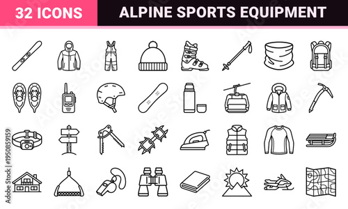 Winter Sports Apparel and Alpine Equipment Technical Monoline Symbols. High-Legibility Black Outline Gear Graphics for Skiing and Snowboarding.
