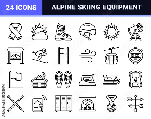 Professional Alpine Skiing and Winter Sports Monolinear Icons Featuring Equipment Mountain Safety and Resort Navigation Technical Symbols