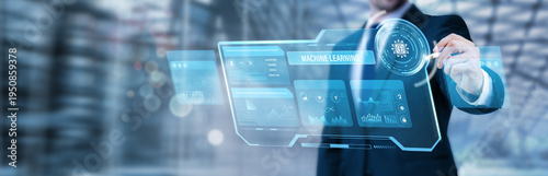 Photos Businessman pointing at a digital screen and analyzing machine learning technolo
