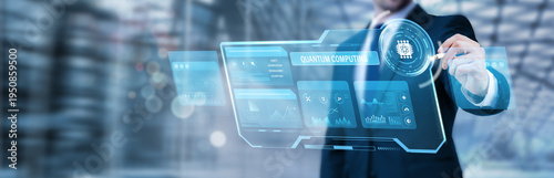 Photos Businessman pointing at a digital screen and analyzing quantum computing technol