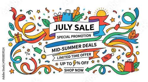Colorful July Sale Banner with Summer Decorations