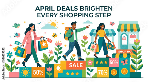 April Deals Brightening Shopping Steps with People and Shops