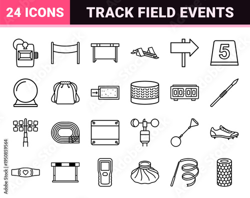 Track and Field Athletics Monoline Outline Symbols. Minimalist Technical Line Art for Competitive Sports, Sprinting, and Tournament Equipment.