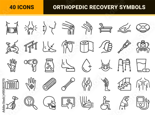 Orthopedic Physiotherapy and Physical Rehabilitation Monoline Symbols featuring Joint Mobility, Back Support, and Clinical Recovery Equipment