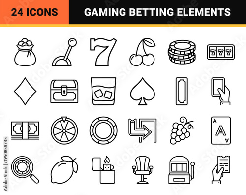 Monoline Casino Gaming Symbols Featuring Slot Machine Elements Poker Chips Diamonds and Lucky Sevens in High Contrast Vector Outline Style